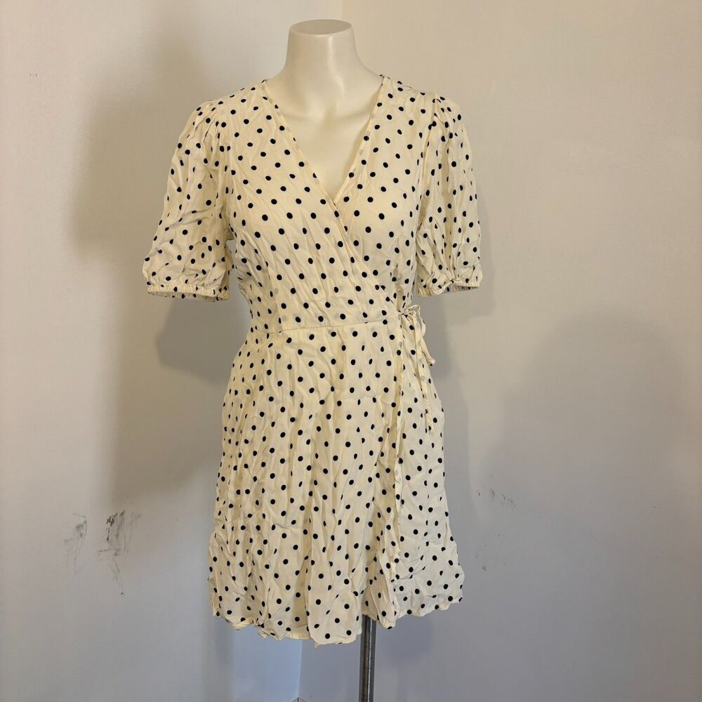 A New Day size Small Polka Dot Faux Wrap Coquette Twee White Mini Dress